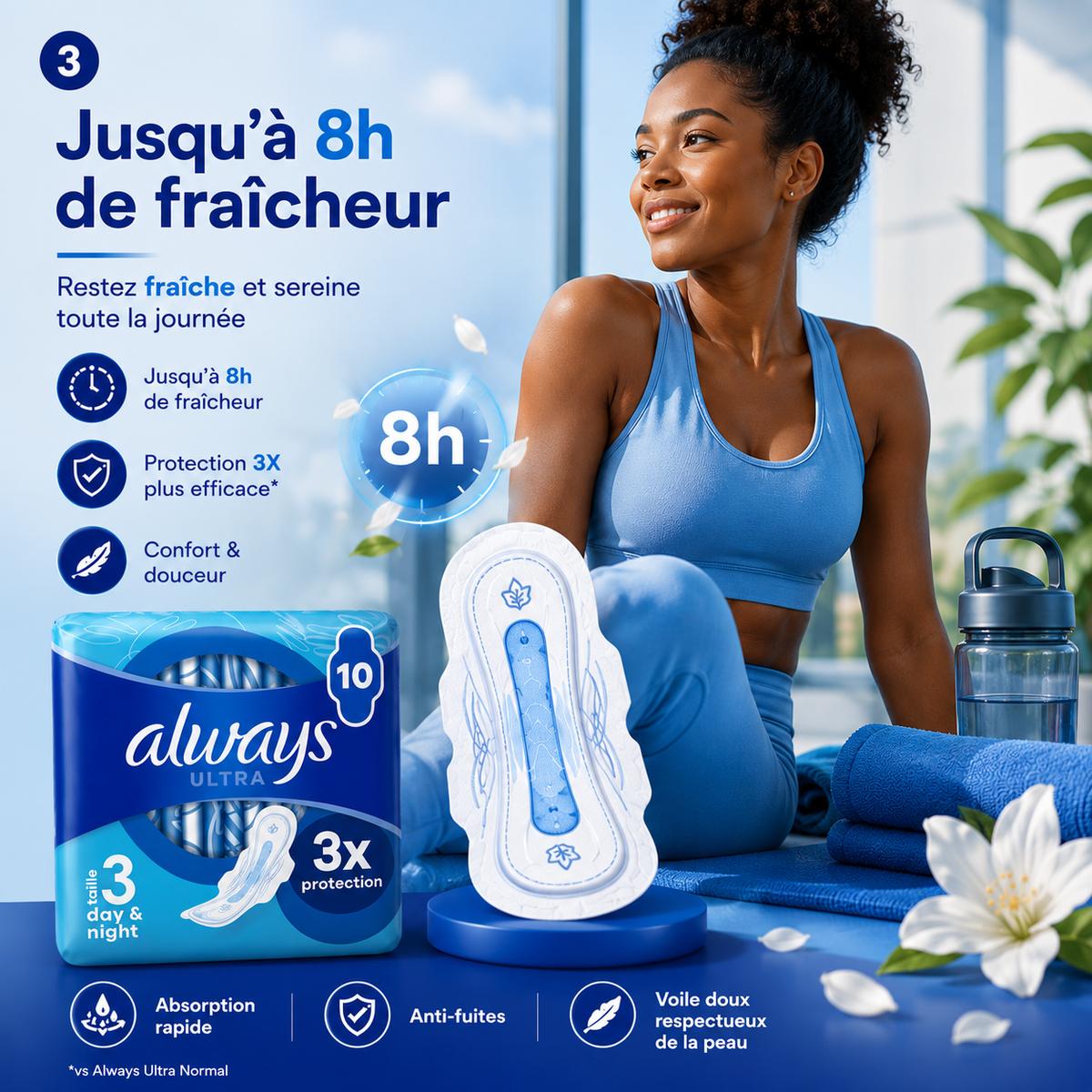 Always Ultra Day 3X Protection – Serviettes Hygiéniques Jour & Nuit – Lot de 10 – Taille 3 Ultra