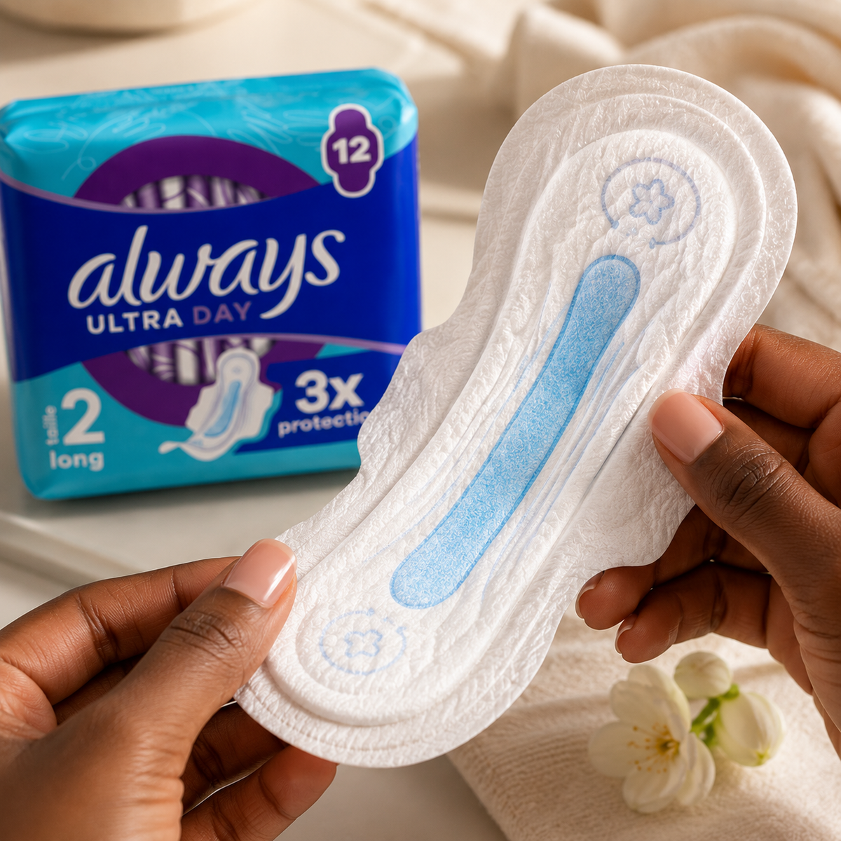 Always Ultra Day 3X Protection – Serviettes Hygiéniques Jour & Nuit – Lot de 12 – Taille 2 Long