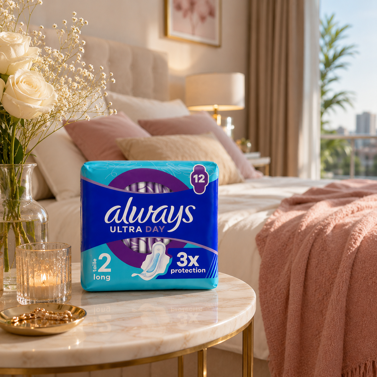 Always Ultra Day 3X Protection – Serviettes Hygiéniques Jour & Nuit – Lot de 12 – Taille 2 Long