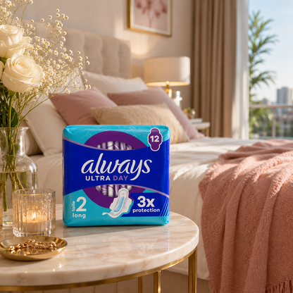 Always Ultra Day 3X Protection – Serviettes Hygiéniques Jour & Nuit – Lot de 12 – Taille 2 Long