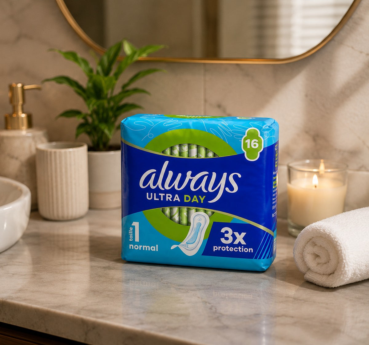 Always Ultra Day sur un plan de salle de bain