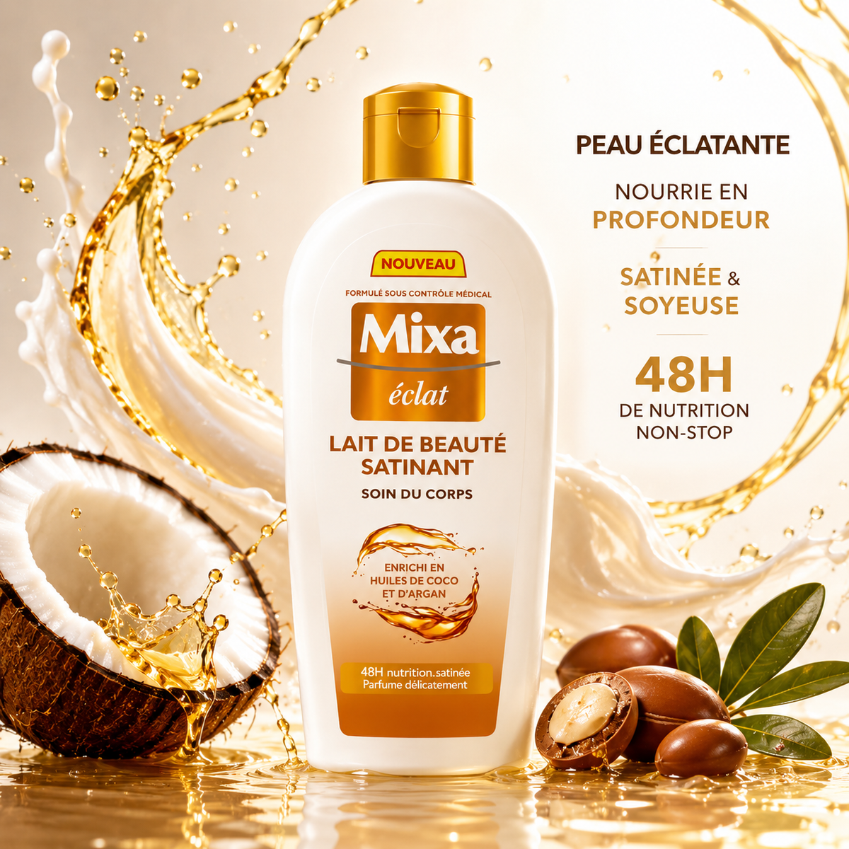 Mixa Eclat Lait de Beauté Satinant - visuel marketing bénéfices